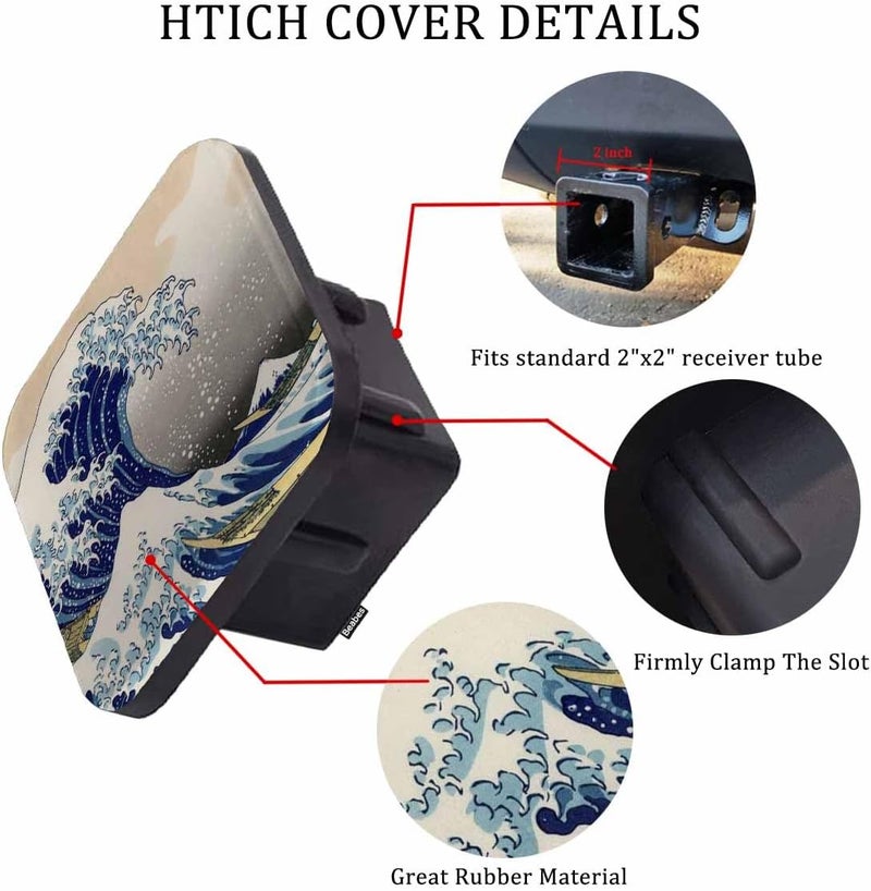 Beabes Trailer Hitch Covers Japanese Sea Waves, Great Wave Off Kanagawa Anti-Loss Hitch Cover Fits 2" Hitch Receivers for Trucks, Tough Receiver Tube Hitch Cover Plug for Cars - Image 3